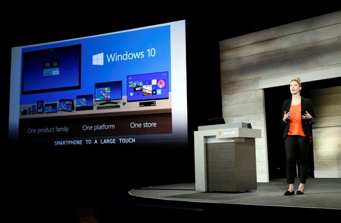 Microsoft Corp's Ashley Frank talks about Windows 10 at the annual shareholders' meeting in Bellevue, Washington December 3, 2014.
