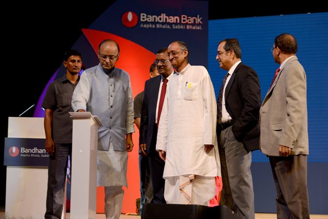 Arun Jaitley clicks on an iPad to launch the Bandhan Bank