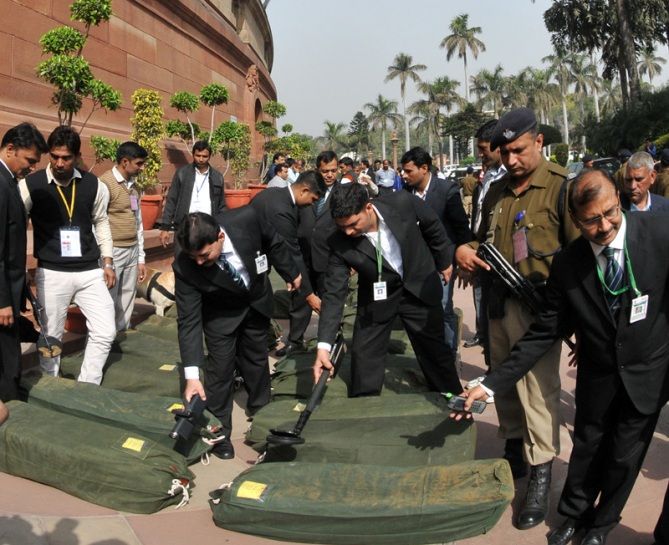 The General Budget 2015-16 documents brought in the Parliament House premises under security, in New Delhi on February 28, 2015.