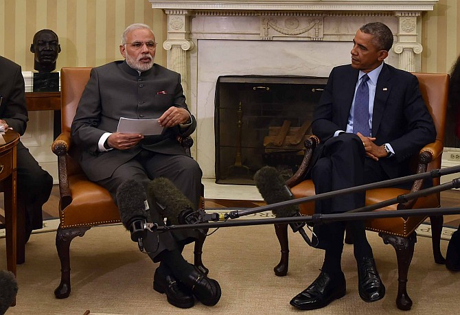 Image: India’s Prime Minister Narendra Modi and United States President Barack Obama discussed a broad range of issues in their recent meeting in the US. Photograph: Paresh Gandhi/Rediff