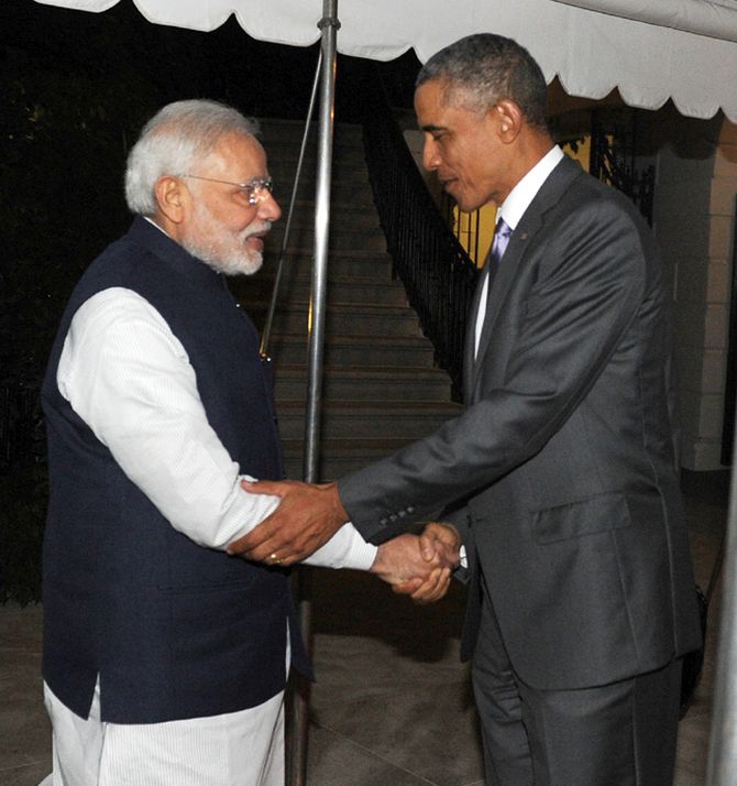 Prime Minister Narendra Modi shakes hands with US President Barack Obama at the White House. The two shared a 90-minute dinner and got to know each other.