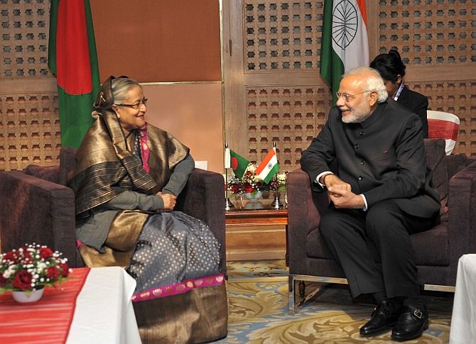 Prime Minister meets Prime Minister Sheikh Hasina of Bangladesh on the sidelines of 18th SAARC Summit at Kathmandu (November 26, 2014). Photograph: Ashish Maitra/Photo Division
