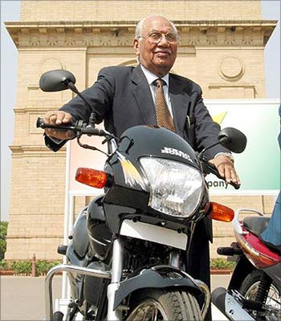 The late B M Munjal astride a two-wheeler his company manufactured near India Gate. Photograph: Reuters
