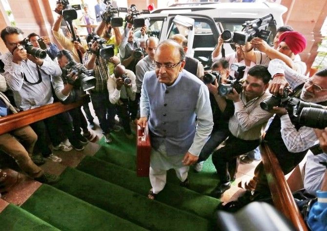 Finance Minister Arun Jaitley arrives at the Parliament to present the Budget in New Delhi, February 29, 2016. Photograph: Adnan Abidi/Reuters