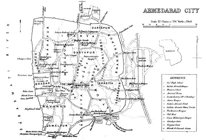 An 1855 map of Ahmedabad from the Gazetteer of the Bombay Presidency by James M. Campbell. Photograph: Kind Courtesy/British Library.
