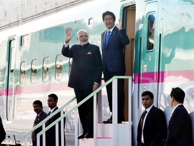 Modi and Shinzo Abe visit the Kawasaki Heavy Industries Plant during the former's visit to Japan last year.