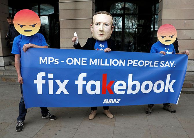 Protesters from the pressure group Avaaz demonstrate against Facebook outside Portcullis House in Westminster, London, Britain, April 26, 2018.  Photograph: Peter Nicholls/Reuters.