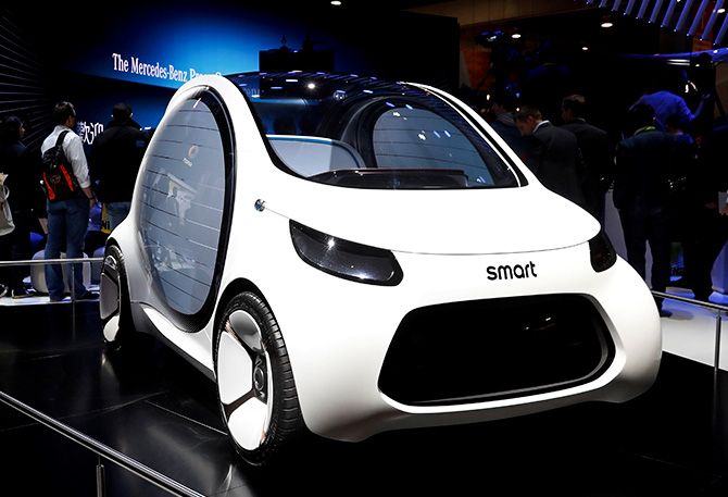 A Smart Vision EQ fortwo concept car is displayed in the Mercedes booth at the Las Vegas Convention Center during the 2018 CES in Las Vegas, Nevada, U.S. January 9, 2018. Photograph: Steve Marcus/Reuters.