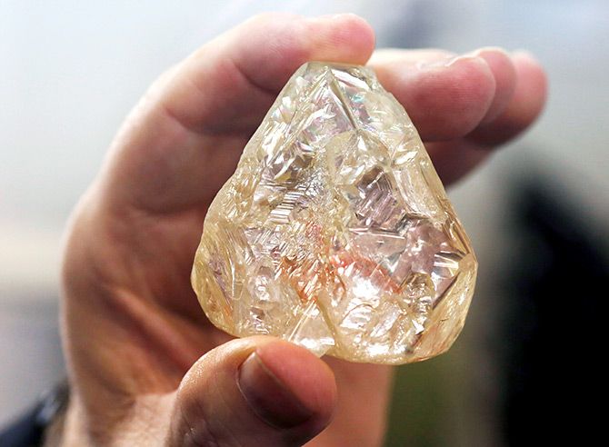 A 709-carat diamond, found in Sierra Leone and known as the "Peace Diamond", is displayed during a tour ahead of its auction, at Israel's Diamond Exchange, in Ramat Gan, Israel October 19, 2017. Photograph: Nir Elias/Reuters.