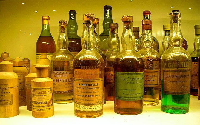 Bottles of fake French Chartreuse liqueur at their cellars at Voiron, Isère, France. Courtesy: TwoWings/Wiimedia Commons