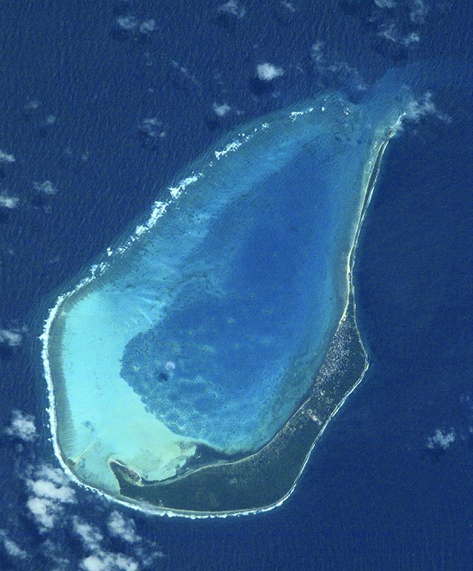 Maliku Atoll with Minicoy Island. Photograph: NASA/Wikimedia Commons.