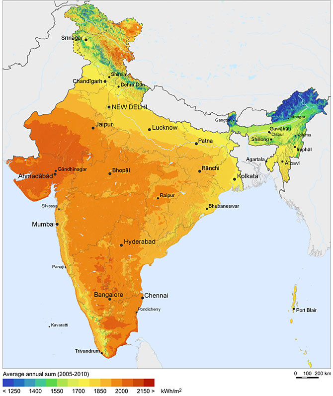 Solar resources map of India from 2011. Image: Courtesy: SolarGIS © 2011 GeoModel Solar s.r.o/Wikimedia Commons.