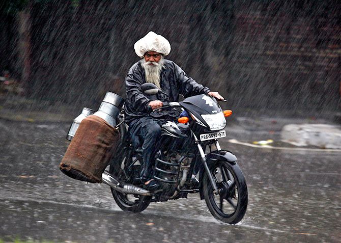 A Chandigarhi milkman braves the rain. Photograph: Ajay Varma/Reuters.
