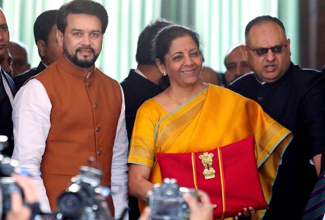 Finance Minister Nirmala Sitharaman and Minister of State for Finance Anurag Thakur arrive at the Parliament to present the 2020-21 union Budget, in New Delhi on 1st February, 2020.