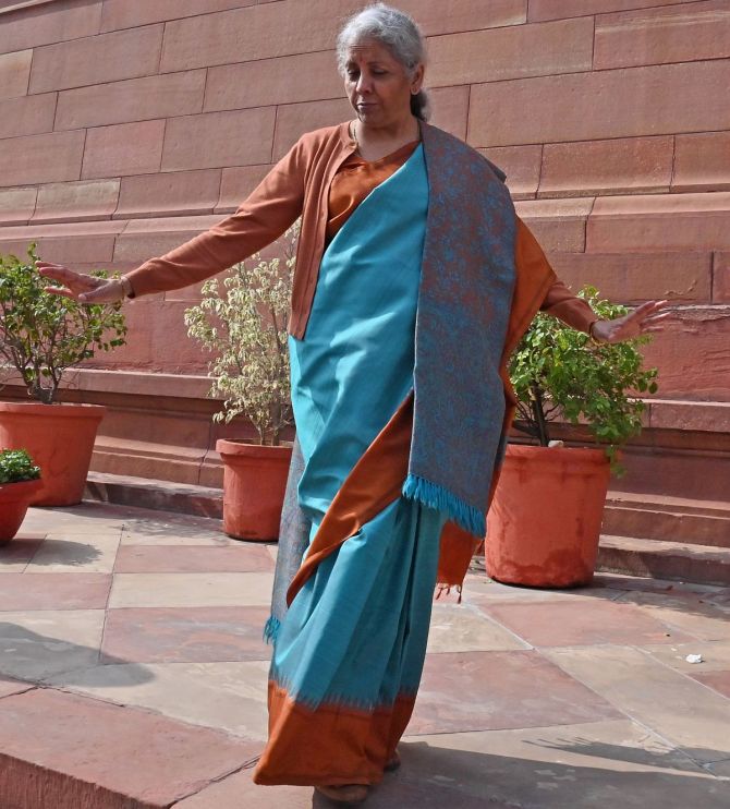 Nirmala Sitharaman at Parliament House on the first day of Budget Session