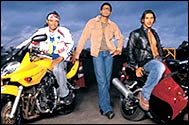 Uday Chopra, Abhishek Bachchan and John Abraham in Dhoom
