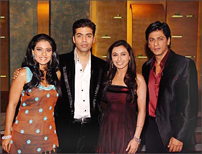 Kajol, Karan Johar, Rani Mukerji and Shah Rukh Khan, on the sets of Koffee With Karan