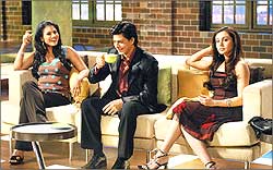 Kajol, Shah Rukh Khan, and Rani Mukerji on the sets of Koffee with Karan