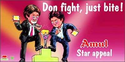 Amitabh Bachchan and Shah Rukh Khan caricatured on the latest Amul hoarding
