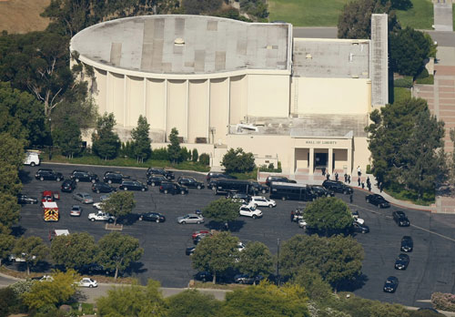 A motorcade of family and friends for the funeral of Michael Jackson leave Forest Lawn cemetery in Los Angeles