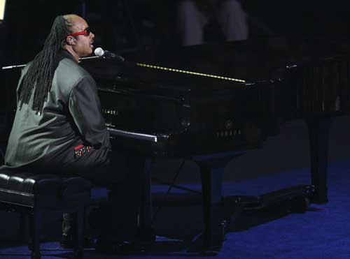 Musician Stevie Wonder performs during memorial services for pop star Michael Jackson in Los Angeles