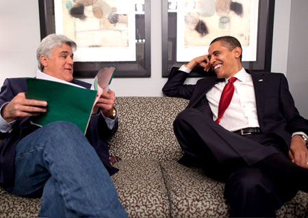Jay Leno shares a moment with US President Barack Obama off set of the Tonight Show at NBC Studios