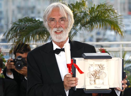 Austrian director Michael Haneke attends a photocall after receiving the Palme d'Or award for the film <I>Das Weisse Band</I> on Sunday.