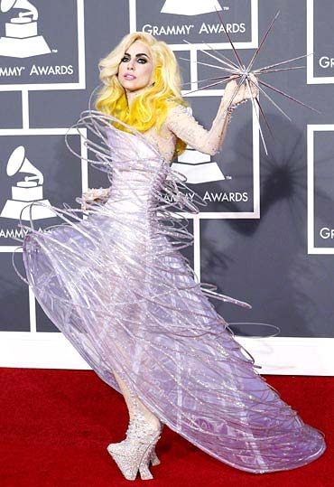 Lady Gaga strikes a pose on the 2010 Grammy red carpet.