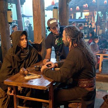 Dev Patel, M Night Shyamalan and Shaun Toub on the sets of The Last Airbender