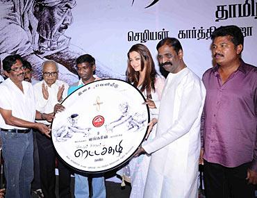 From left: Bharatiraja, K Balachander, Karthik Raja, Aishwarya Rai, Vairamuthu and Shankar