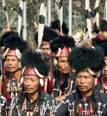 Members of the Chang Tribe from Nagaland rehearse the 'Sua-Lua' traditional dance