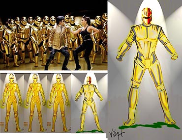 Sketches of the costumes and a scene from Endhiran