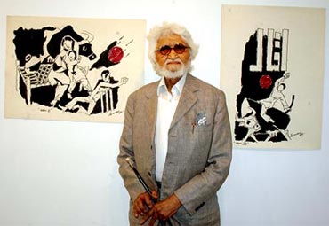 M F Husain and his Iqbal sketches in th ebackground