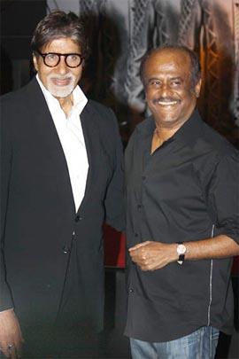 Amitabh Bachchan and Rajnikanth at the music launch of Robot in Mumbai