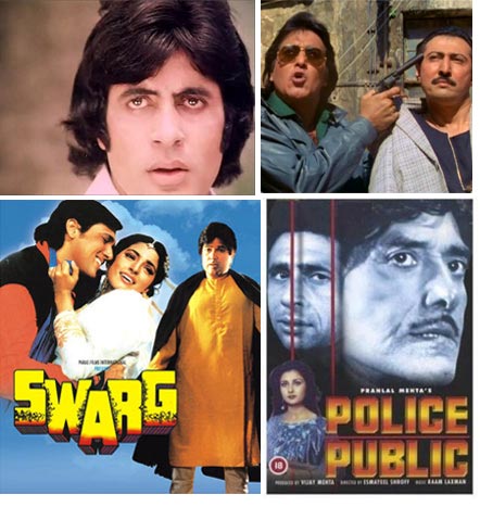 Clockwise: Amitabh Bachchan, Vinod Khanna, movie posters of Police Public and Swarg