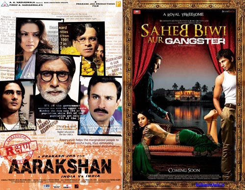 Movie posters of Aarakshan and Saheb Biwi Aur Gangster