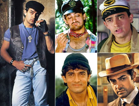 Aamir Khan in (clockwise from left): Ghulam, Rangeela, Dil Hai Ki Manta Nahi, Luck By Chance and Raja Hindustani