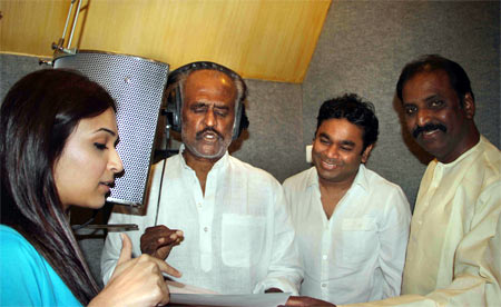 Rajnikanth and AR Rahman during the recording