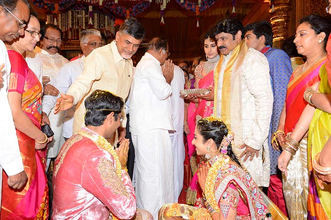 Sribharat and Tejaswini with N. Chandrababu Naidu and Nandamuri Balakrishna