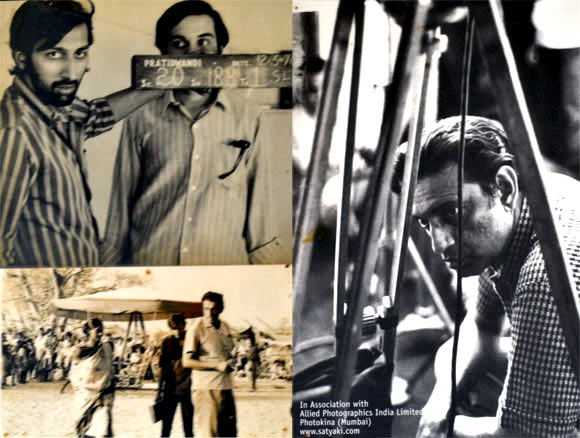 Clockwise: Tinnu Anand with Dhritiman Chatterjee on the sets of Pratidwandi, Satyajit Ray, Simi Garewal with Tinnu Anand and Satyajit Ray on the sets of Aranyer Din Ratri.