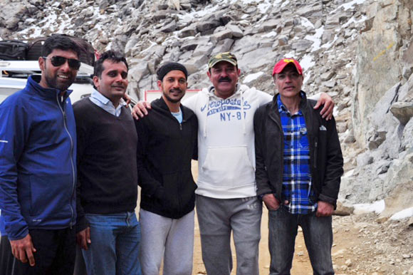 Left to right: Melwyn Castro, Samir Jaura, Farhan Akhtar, Yograj Singh on location in Leh