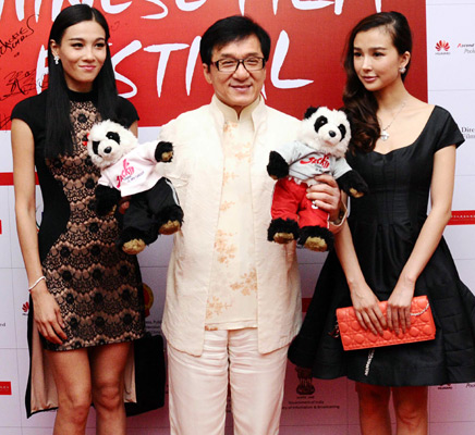 Jackie Chan with Chinese actresses Yao Xingtong (right) and Zhang Mengyu