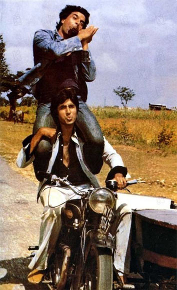 Dharmendra and Amitabh Bachchan in one of Hindi cinema's best-known sequences