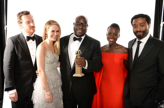 Actors Michael Fassbender, Sarah Paulson, director Steve McQueen, Lupita Nyong'o and Chiwetel Ejiofor, winners of Best Picture for 12 Years a Slave