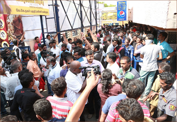 Fans outside a theatre screening Kochadaiiyaan in Chennai
