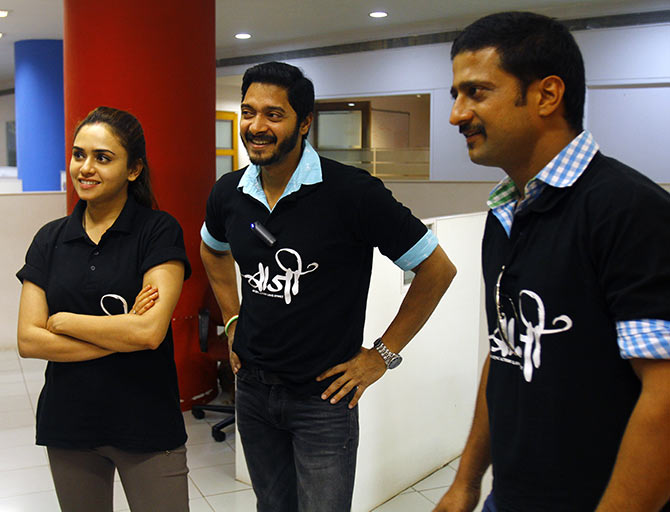 Amruta Khanvilkar, Shreyas Talpade and Jitendra Joshi at the Rediff office