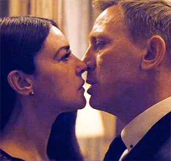 Monica Bellucci and Daniel Craig about to kiss in Spectre.