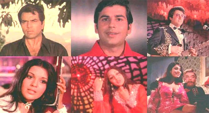 Dharmendra, Vijay Arora, Tariq Hussain, Zeenat Aman, Neetu Singh, Bindu and Ajit in Yaadon Ki Baraat.