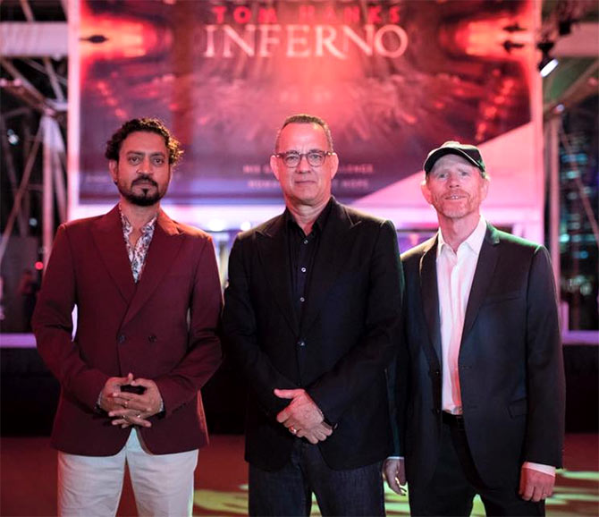 Irrfan with Tom Hanks at a promotional event for the soon-to-be-released Inferno