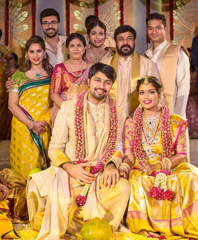 Chiranjeevi's son Ram Charan Teja with wife Upasana, Chiranjeevi's wife Surekha, Chiranjeevi, daughter Sushmita, son-in-law Vishnu Prasad, and the newlyweds Sreeja and Kalyan